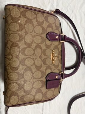Coach Brown Signature Satchel with Plum Trim and Gold Hardware